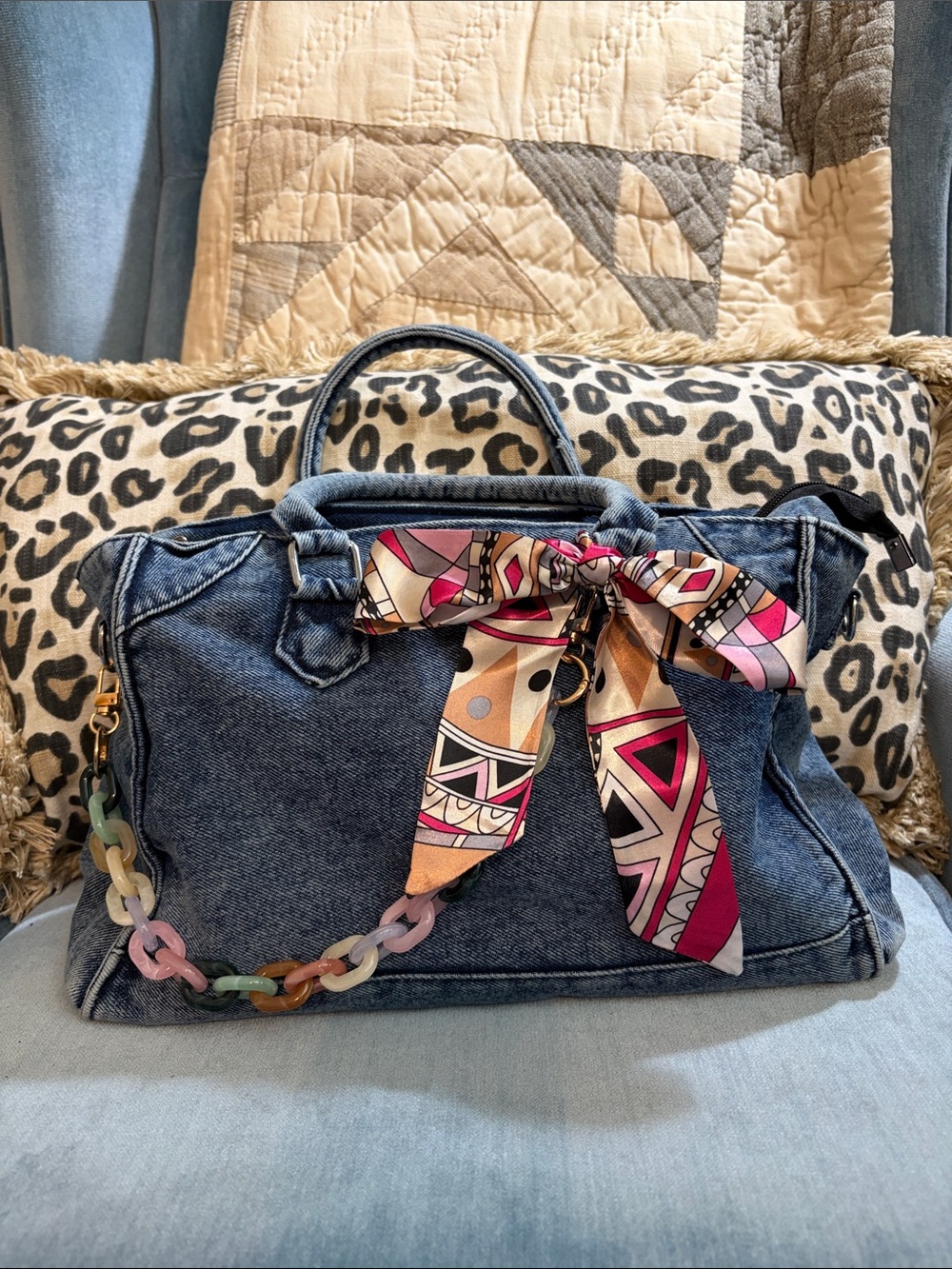 Denim Tote Bag with Pink Patterned Scarf Accent and bag chain